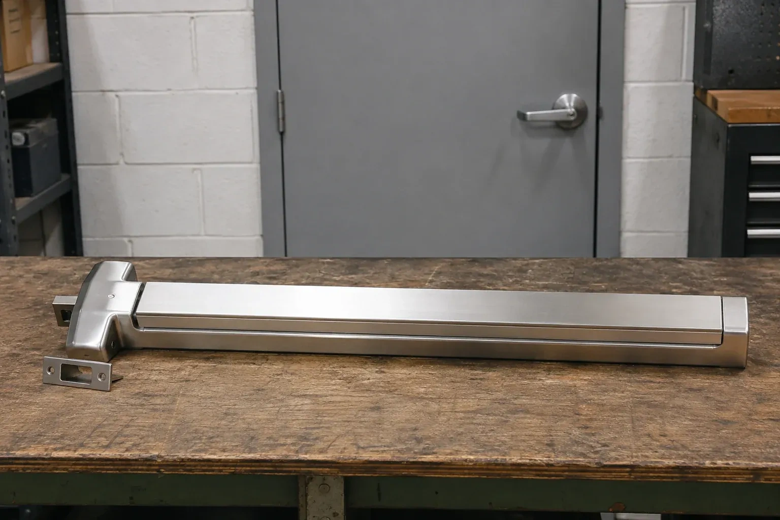 Detached horizontal exit device and separate strike component on a workshop bench. — Panic & Exit Hardware, Toronto