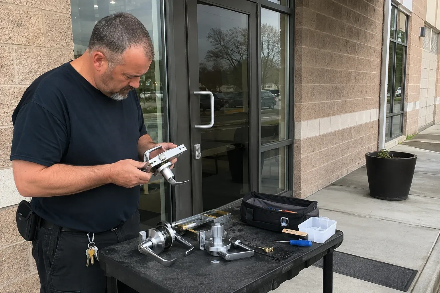 Person holding a door-handle and latch assembly at a worktable outside a glass entrance, with additional handles and tools laid out. — Commercial Rekeying, Toronto
