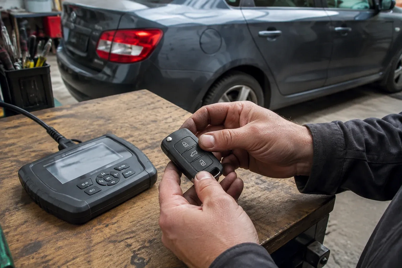 Hands holding a black car key fob above a workbench, beside a wired handheld device with a screen. — Car Key Replacement, Toronto