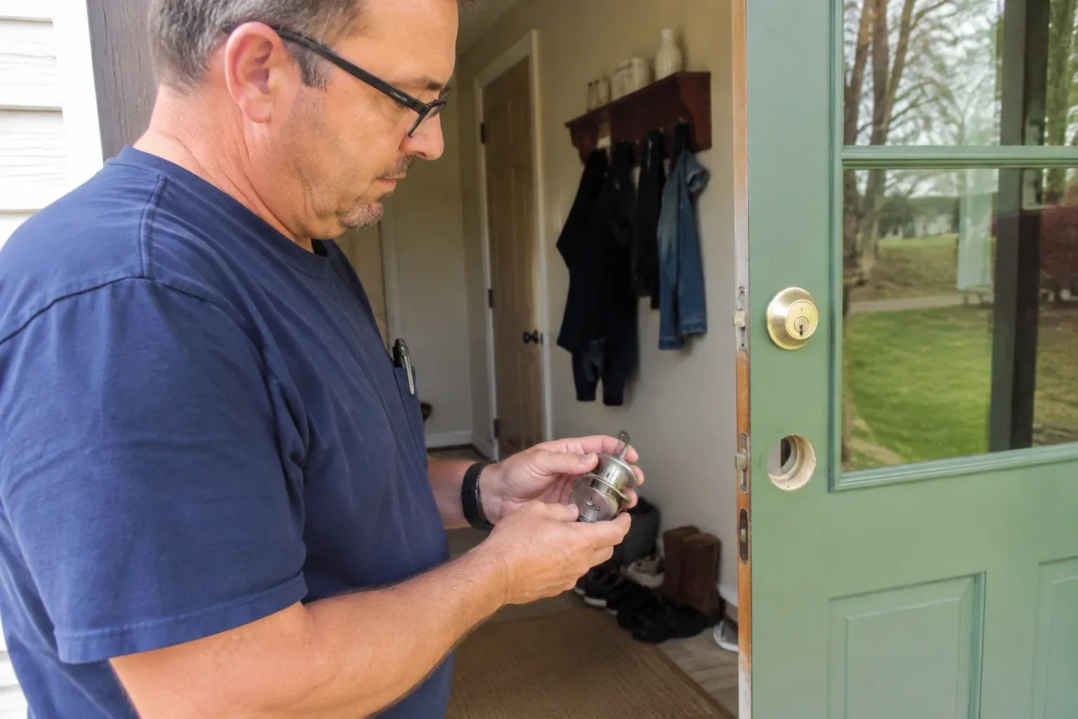 Person holding a cylindrical door-lock assembly beside an open green glazed door with its lower lock opening exposed. — Seized & Jammed Lock Opening, Toronto