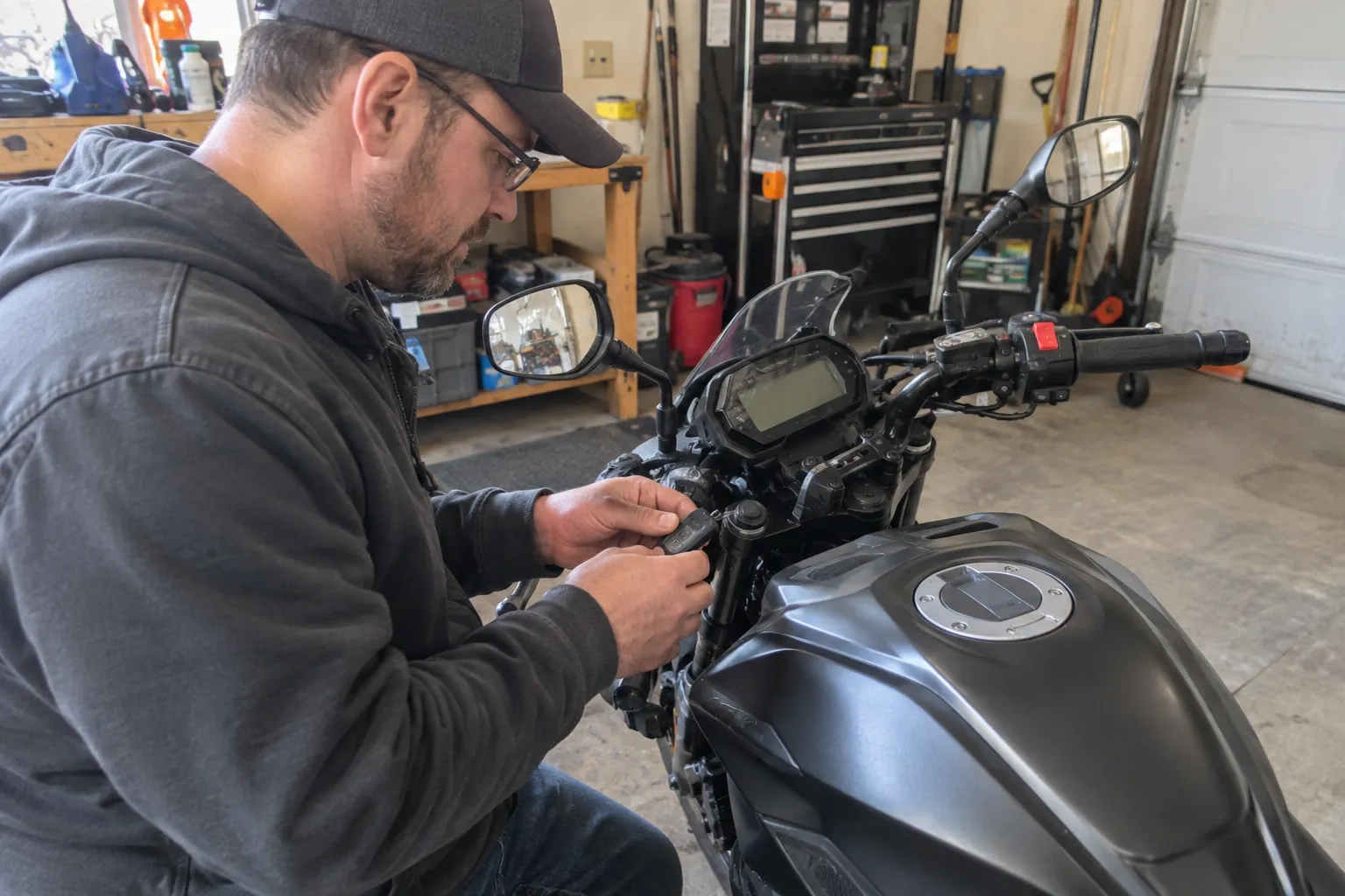 Technician in a cap and glasses holding a small key fob beside the dashboard of a black motorcycle in a garage. — Newton Brook
