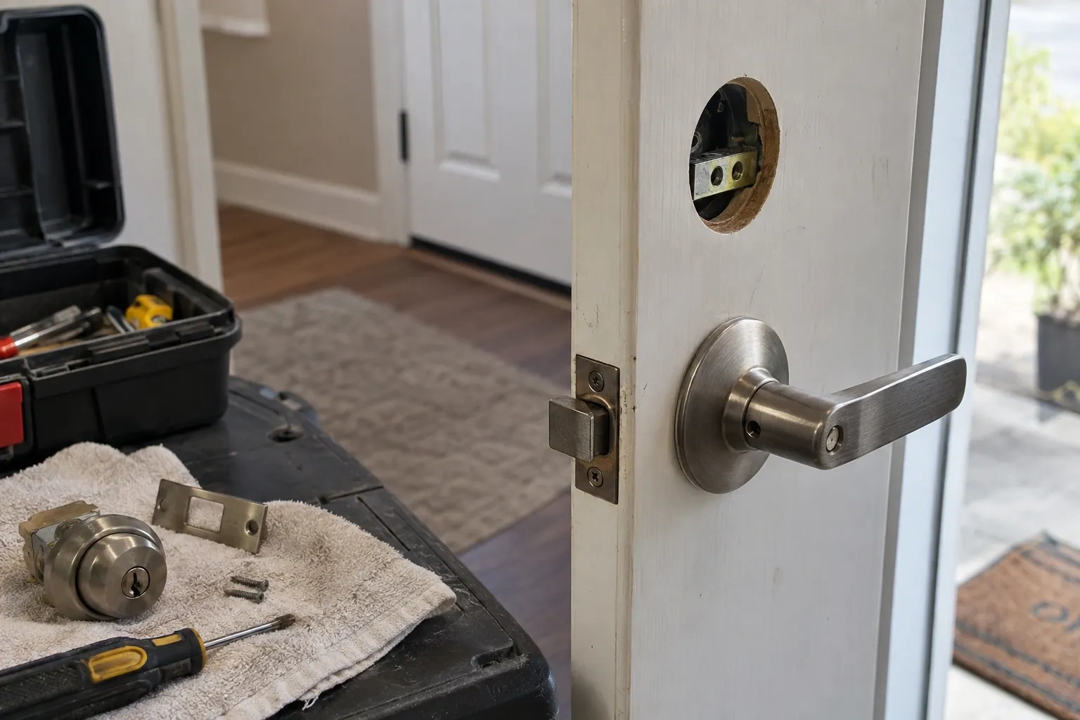 White door with a lever handle and an empty round bore above it, beside a toolbox and a deadbolt on a towel.